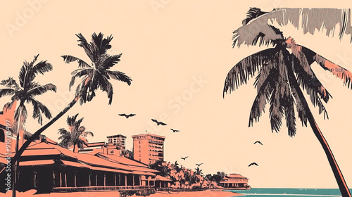 Risograph stencilled riso print travel poster, card, wallpaper or banner illustration, modern, isolated, clear, simple of Trivandrum, India. Artistic, screen printing, stencil
