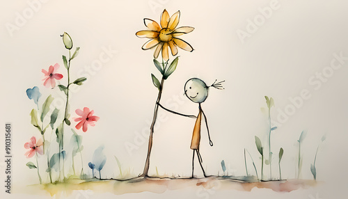 Large Sunflower Held by Happy Stick Figure Child with White Background and Room for Text