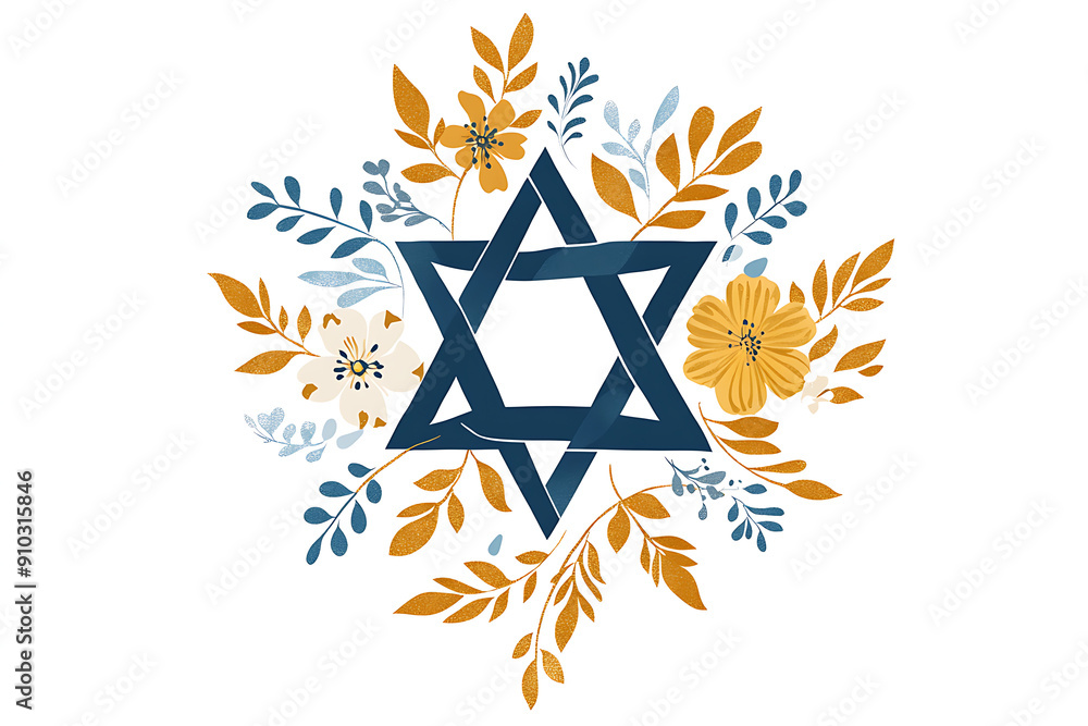 Star of David watercolor illustration. Six pointed geometric figure and light blue artistic gradient. Handdrawn water color graphic painting on white backdrop, cut out element for design and decor.