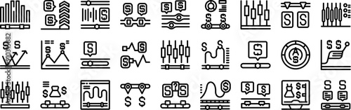 Price range icons set. Set of vector line icons representing various aspects of trading, stock market analysis, and financial planning