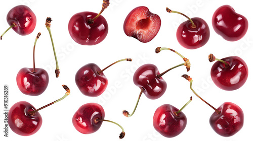 Red cherries, green stems, white background, fresh, juicy, summer fruit, perfect for food and drink advertising. 
