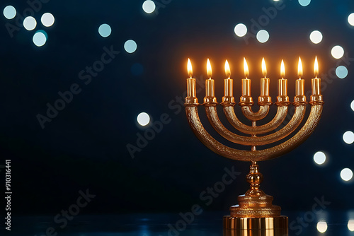 Hanukkiah Menorah candlelight during traditional celebration Hanukkah Jewish religion holiday symbol background