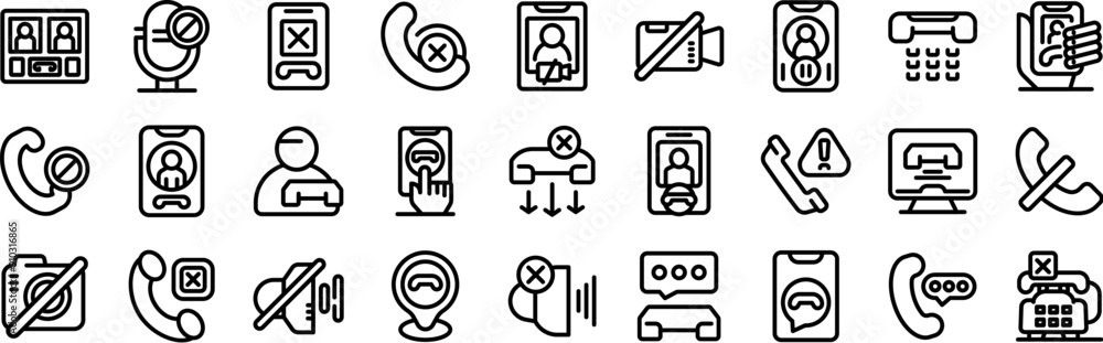 End call icons set. Line icons representing different ways people are blocking unwanted calls and messages using smartphones and social media End call icons set. Line icons representing different ways people are blocking unwanted calls and messages using smartphones and social media