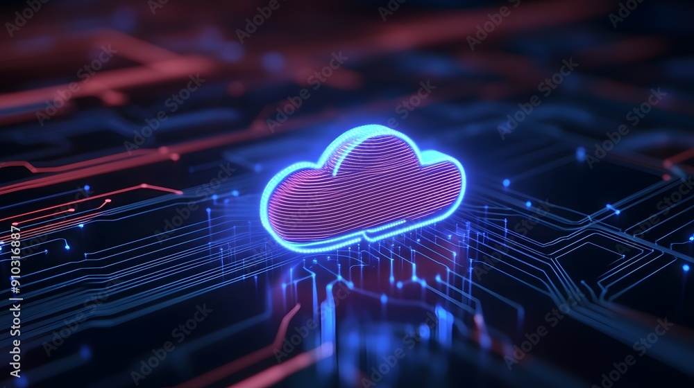 Neon blue cloud icon against a dark circuit board background, representing cloud computing and digital technology. Neon blue cloud icon against a dark circuit board background, representing cloud computing and digital technology.