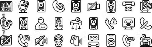 End call icons set. Line icons representing different ways people are blocking unwanted calls and messages using smartphones and social media