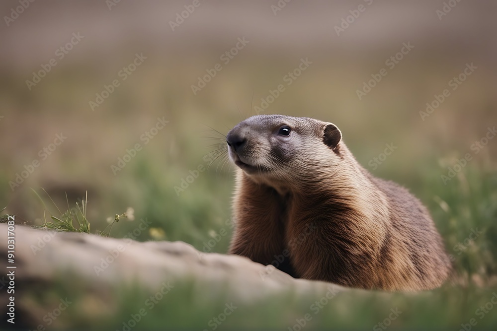 Fototapeta premium mink baikonur peeps out groundhog kazakhstan gently animal wildlife alert brown cute day dirt funny fur furry ground hair head hog hole looking mammal nature prairie small