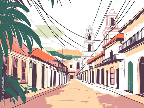 Risograph artsy riso print travel poster, card, wallpaper or banner illustration, modern, isolated, clear, simple of Vigan, Philippines. Artistic, screen printing, stencil photo