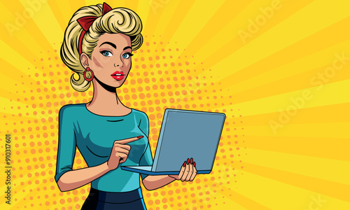 Sexy woman with blond hair is holding a laptop and pointing at it. Vector bright background in retro comic pop art style
