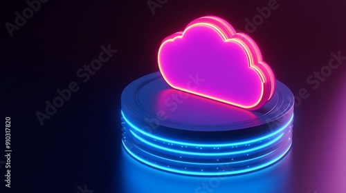 Neon cloud icon above a digital platform with glowing blue and pink lights, representing data storage and cloud computing technology.