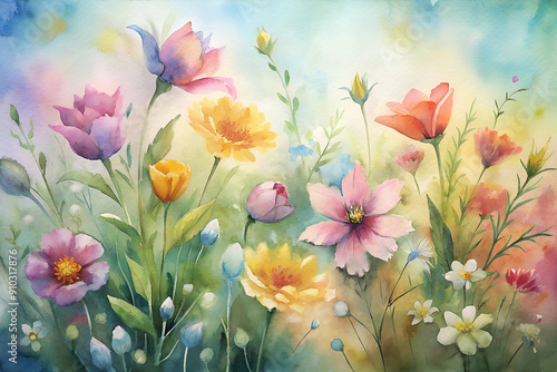 Various wild flowers in delicate colors in watercolor technique