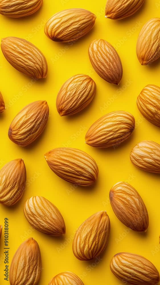 Almonds on yellow background, vertical stop motion animation, food background Almonds on yellow background, vertical stop motion animation, food background