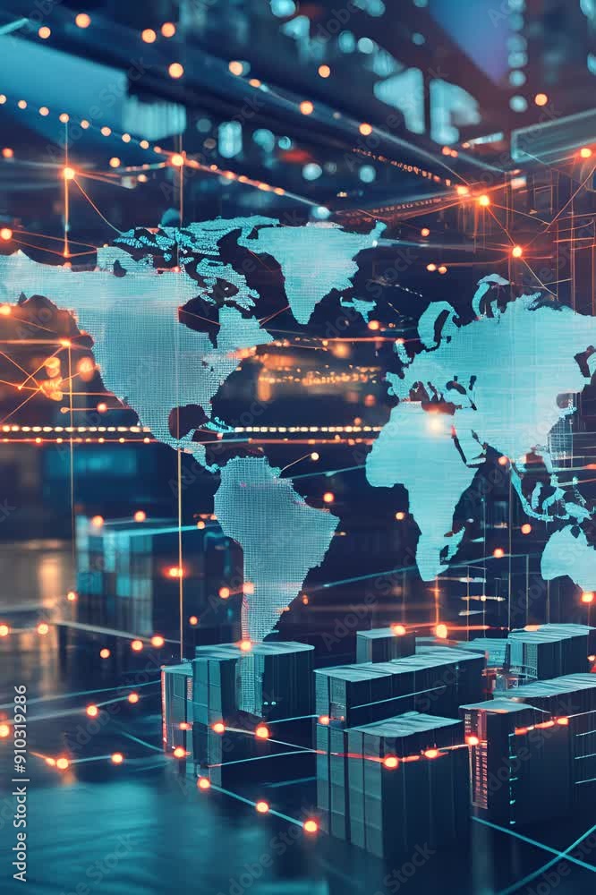 A futuristic visualization of global trade with a dynamic world map ...