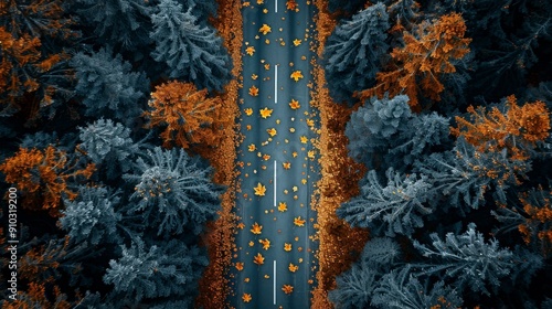 Aerial View of a Road Through a Forest in Autumn.