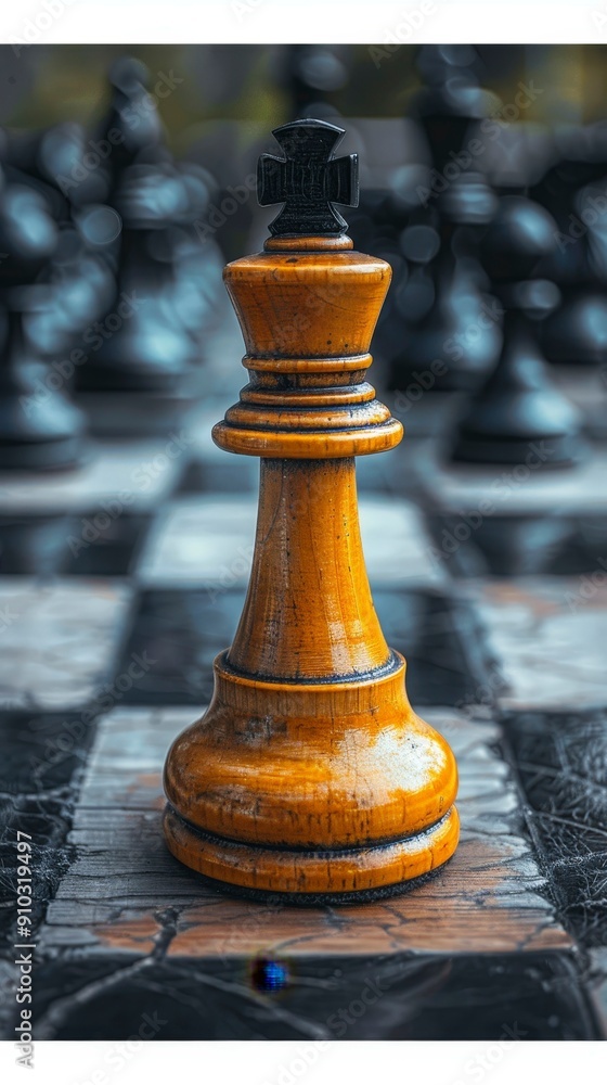 Fototapeta premium Wooden Chess King Piece on a Chessboard.