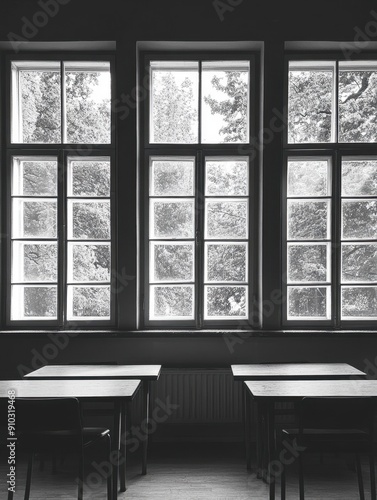 Office setup with two desks facing a window, perfect for workspace or meeting