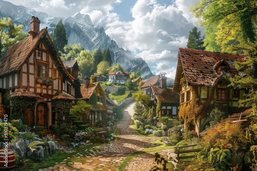 A picturesque village Beauty and the Beast, Depict the charm of a quaint countryside village. Ai generated