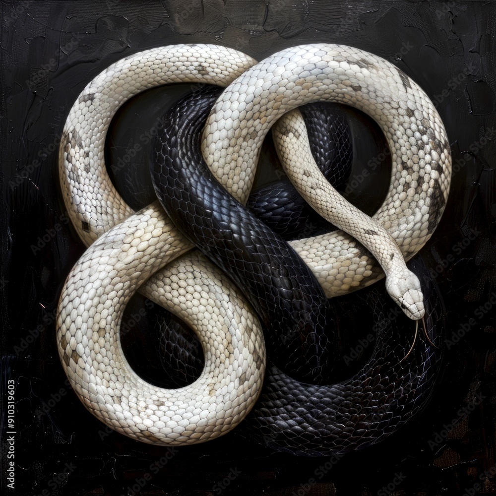 Obraz premium Black and White Snakes Intertwined in a Knot, Symbolizing Duality and Harmony. This Conceptual Image is Perfect for Nature, Wildlife, and Fantasy Themes. AI