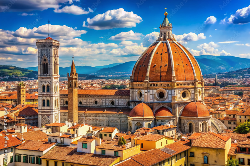 Obraz premium Majestic Florence Cathedral stands tall in the heart of Italy, its terracotta-tiled dome and Gothic architecture set against a bright blue sky, surrounded by historic buildings.
