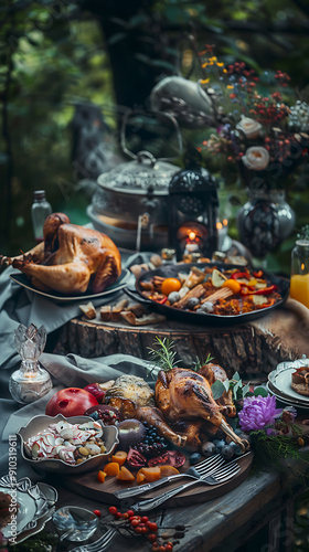 Rustic Autumnal Feast with Roasted Chicken, Brown, Green, and Purple, a Romantic and Cozy Dinner Party in the Woods. 