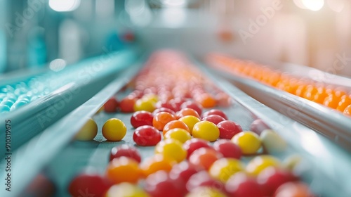 Wide shot of a Christmas candy production line, filled with colorful sweets moving through different stages 8K , high-resolution, ultra HD,up32K HD photo