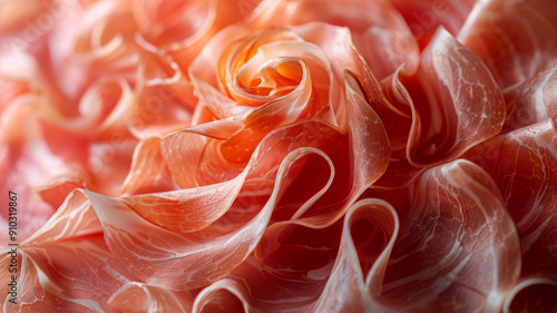 Close-up of thinly sliced prosciutto arranged in a decorative pattern.