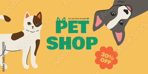 Colorful pet shop banner with cartoon cat and dog on a yellow background. Includes 30percent OFF offer. Perfect for advertising pet products and promotions. A funny little dog is hanging upside down.