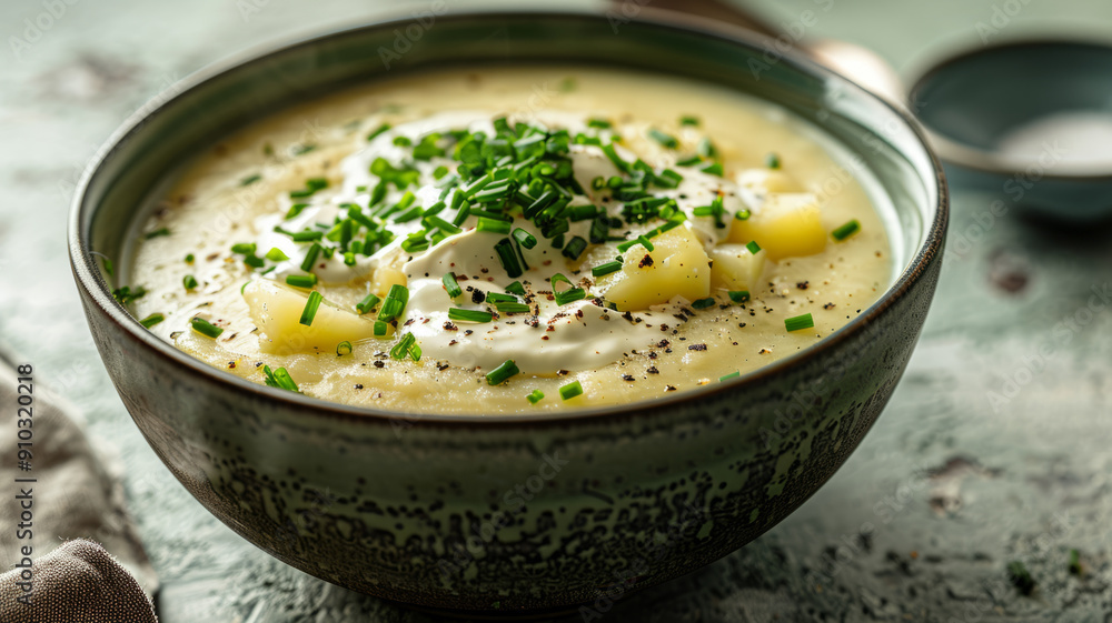 Close-up of a bowl of creamy potato soup with chives. Close-up of a bowl of creamy potato soup with chives.