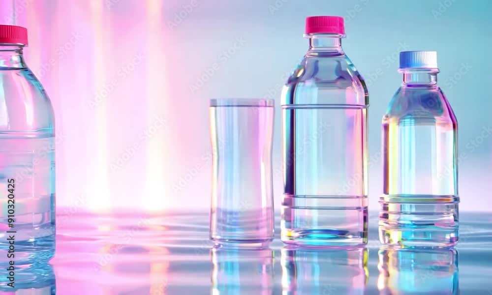 Water bottles and a glass on a reflective surface with a colorful background Water bottles and a glass on a reflective surface with a colorful background