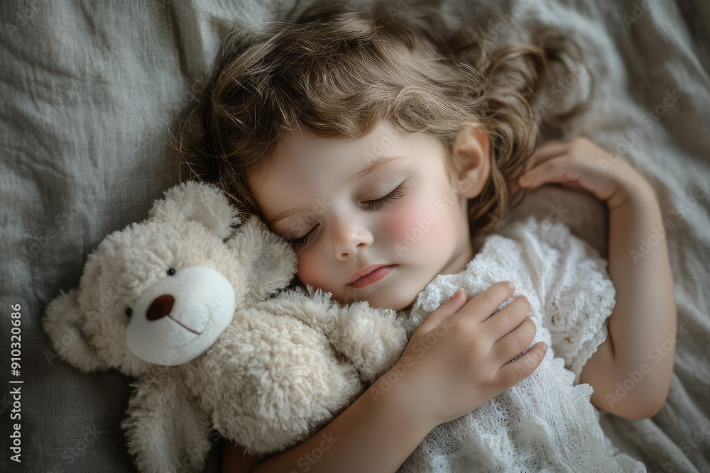 A Peaceful Slumber: A Child Embracing Comfort in the Arms of a Plush Friend A Peaceful Slumber: A Child Embracing Comfort in the Arms of a Plush Friend