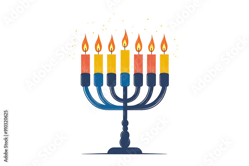 Composition with menorah, gift boxes, dreidels, donut and gold. Hanukkah greeting card. Hand drawn watercolor illustration on white background