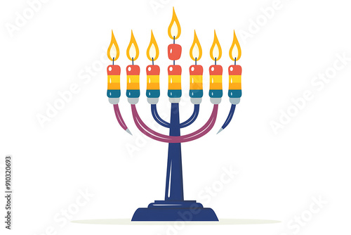 Composition with menorah, gift boxes, dreidels, donut and gold. Hanukkah greeting card. Hand drawn watercolor illustration on white background