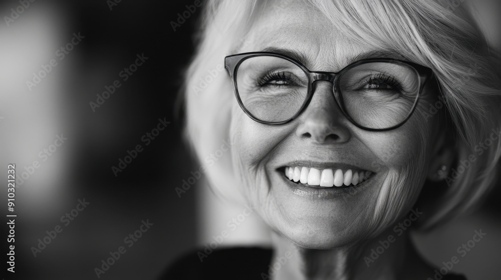 A close-up of a woman wearing glasses in a black and white photograph A close-up of a woman wearing glasses in a black and white photograph