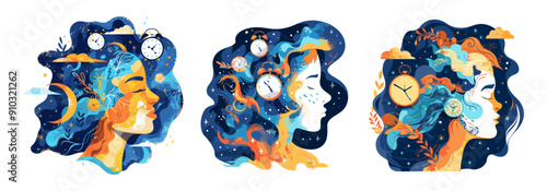Dreamy female cartoon vector concepts. Woman relax profile face circadian rhythm rest relaxation hair curls curl avatar deep stars moon stems leaves isolated scenes