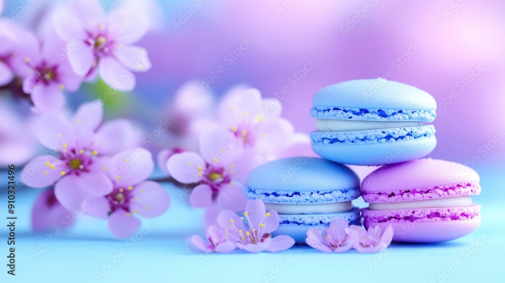 Pastel-colored macarons with pink cherry blossoms on a blue background. Elegant spring dessert concept. Pastel-colored macarons with pink cherry blossoms on a blue background. Elegant spring dessert concept.