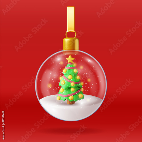 3D glass christmas snow ball with tree isolated. Render sphere with fir tree. Happy new year decoration. Merry christmas holiday. New year xmas celebration. Realistic vector illustration