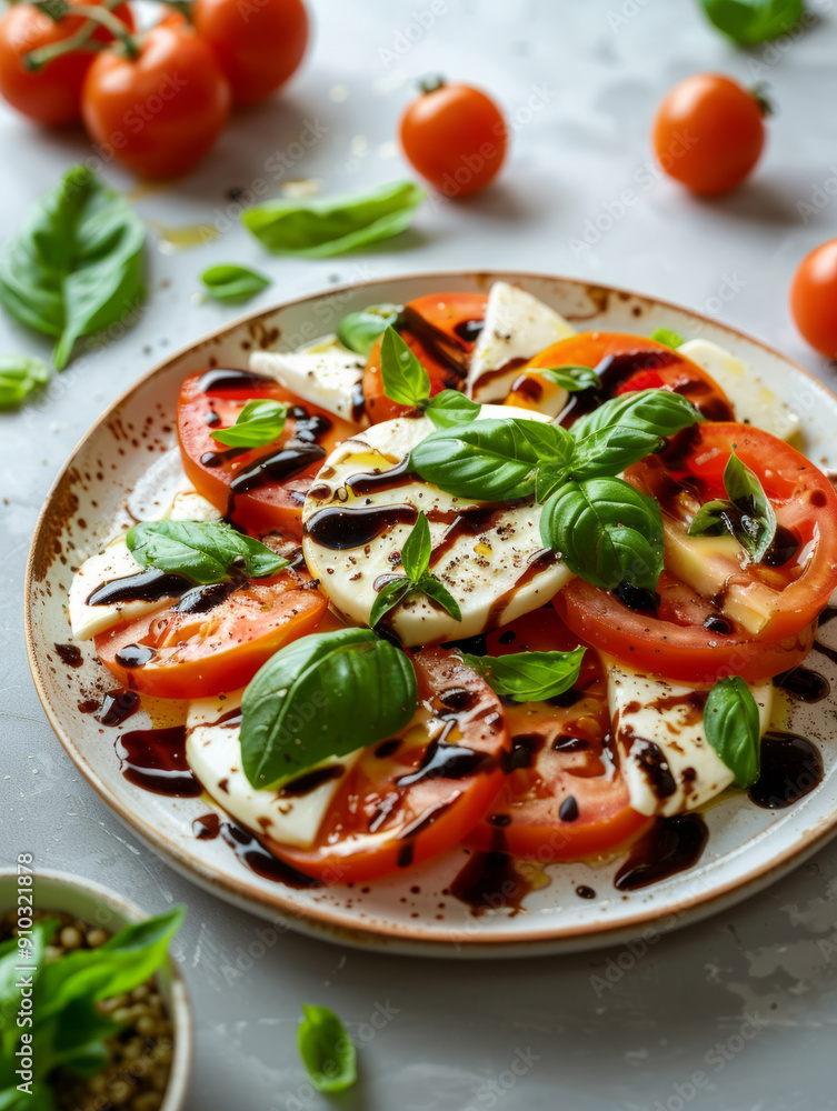 Plate of Caprese salad with tomatoes, mozzarella, basil, balsamic glaze. Plate of Caprese salad with tomatoes, mozzarella, basil, balsamic glaze.
