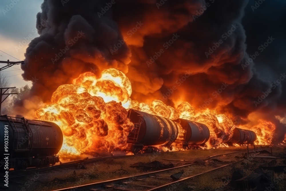 Train derailed exploding with fire and smoke. Tanks burning fire with ...