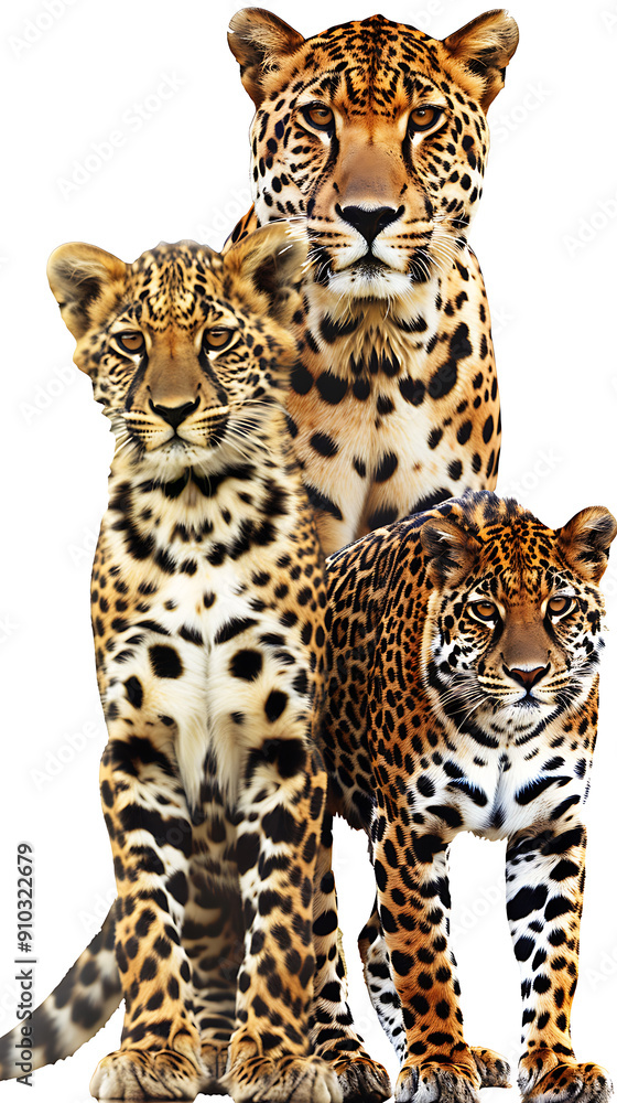 Fototapeta premium Three majestic leopards, black, orange, and white, with a wild and fierce style, convey power and strength, perfect for wildlife and nature themes.