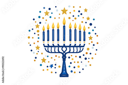 Composition with menorah, gift boxes, dreidels, donut and gold. Hanukkah greeting card. Hand drawn watercolor illustration on white background