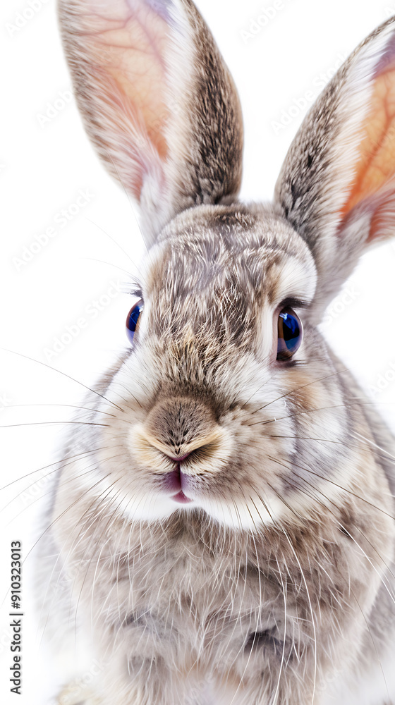 Obraz premium Cute gray bunny with pink nose and blue eyes, perfect for Easter, spring, and pet-themed projects. 