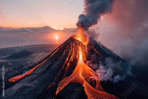 Fiery Volcano Eruption Captured at Sunset with Flowing Lava and Billowing Smoke