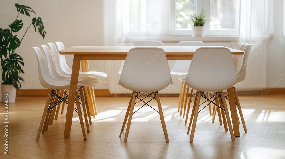Bamboo dining table set with white chairs in a sunlit dining room, eco-friendly furniture, natural dining Bamboo dining table set with white chairs in a sunlit dining room, eco-friendly furniture, natural dining