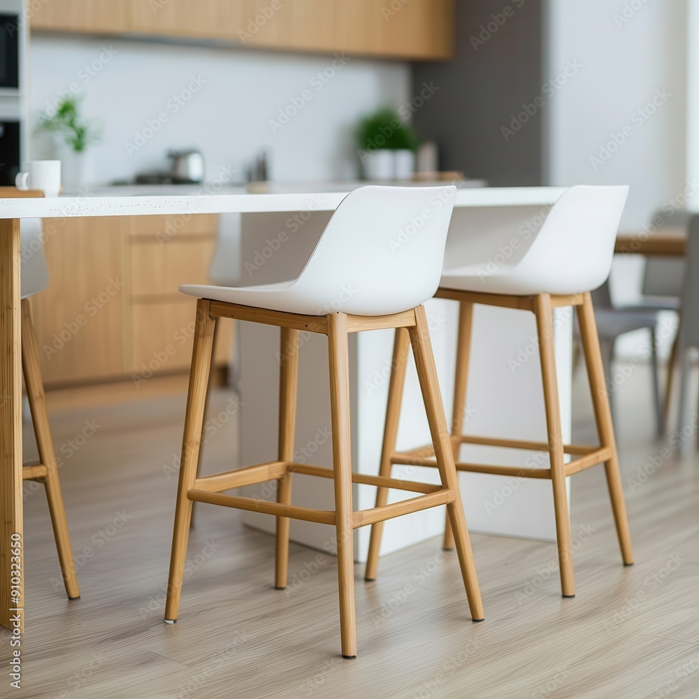 Modern bamboo bar stools around a sleek kitchen island, eco-friendly furniture, contemporary sustainability Modern bamboo bar stools around a sleek kitchen island, eco-friendly furniture, contemporary sustainability