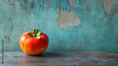 Single red fruit with green leaves against a weathered teal background. photo