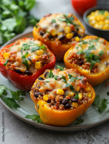 Stuffed bell peppers with quinoa, black beans, corn, and cheese