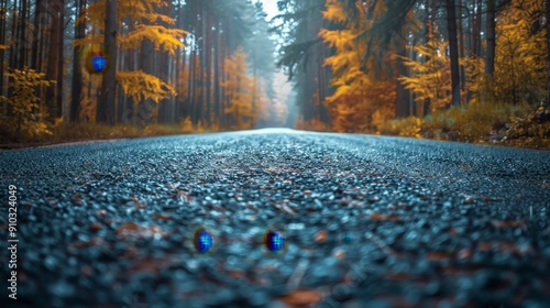 Wet Road Through Autumn Forest.
