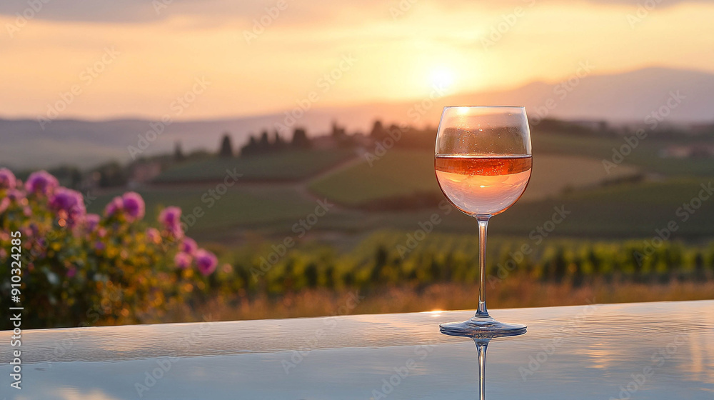 Glass of rosé wine in the sunset by the pool with the Tuscany landscape in the background