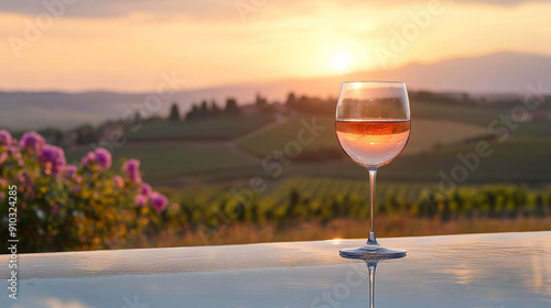 Obraz na płótnie Glass of rosé wine in the sunset by the pool with the Tuscany landscape in the background w salonie