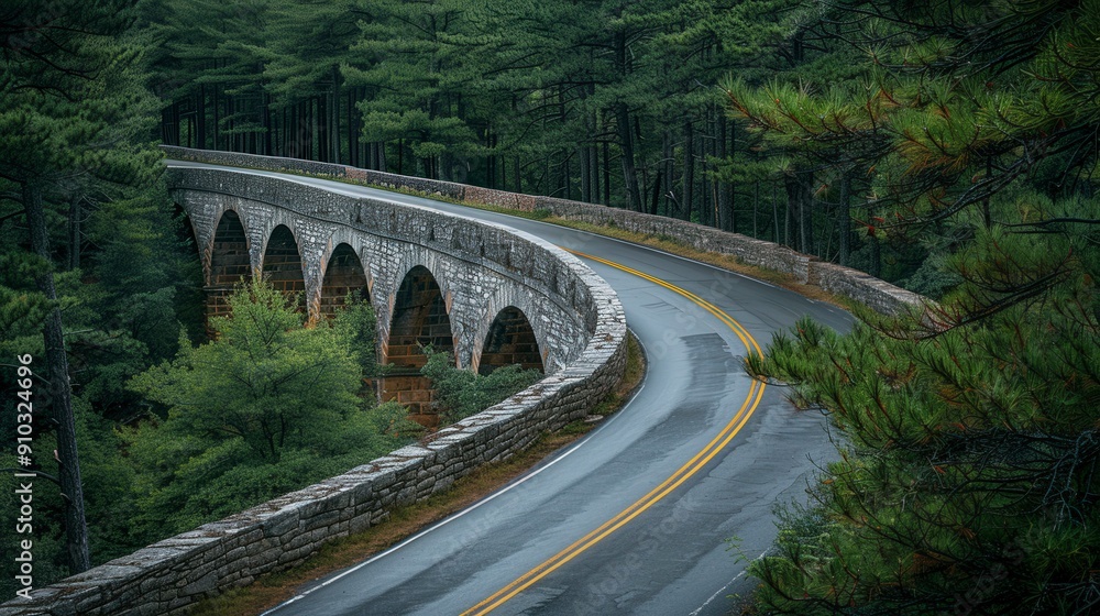 Fototapeta premium Winding Road Over Stone Arch Bridge.