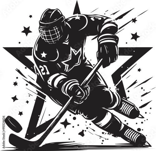 Ice Hockey Player Black Silhouette Vector Illustration On Isolated White Background